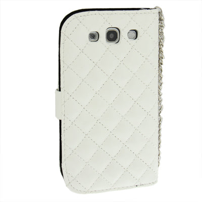 Plaid Texture Diamond Flower Button Flip Leather Case Cover with Credit Card Slots & Chain for Galaxy S III / i9300