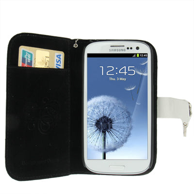 Plaid Texture Diamond Flower Button Flip Leather Case Cover with Credit Card Slots & Chain for Galaxy S III / i9300