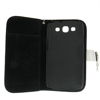 Plaid Texture Diamond Flower Button Flip Leather Case Cover with Credit Card Slots & Chain for Galaxy S III / i9300