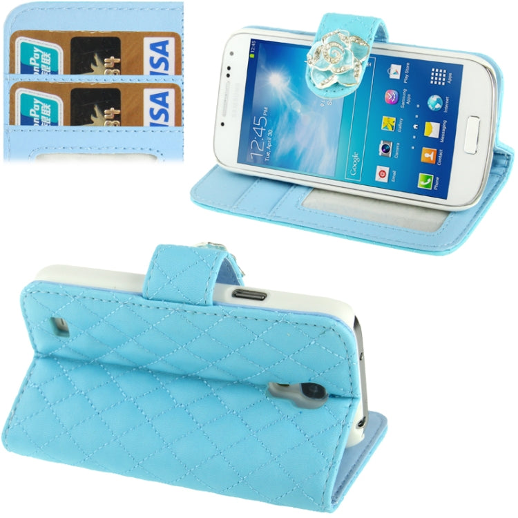 Plaid Texture Diamond Encrusted  Flower Button Flip  Soft Leather Case with Credit Card Slots & Holder for Galaxy S IV mini / i9190