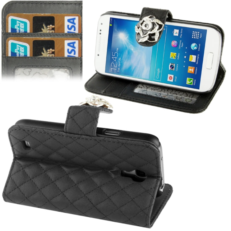Plaid Texture Diamond Encrusted  Flower Button Flip  Soft Leather Case with Credit Card Slots & Holder for Galaxy S IV mini / i9190
