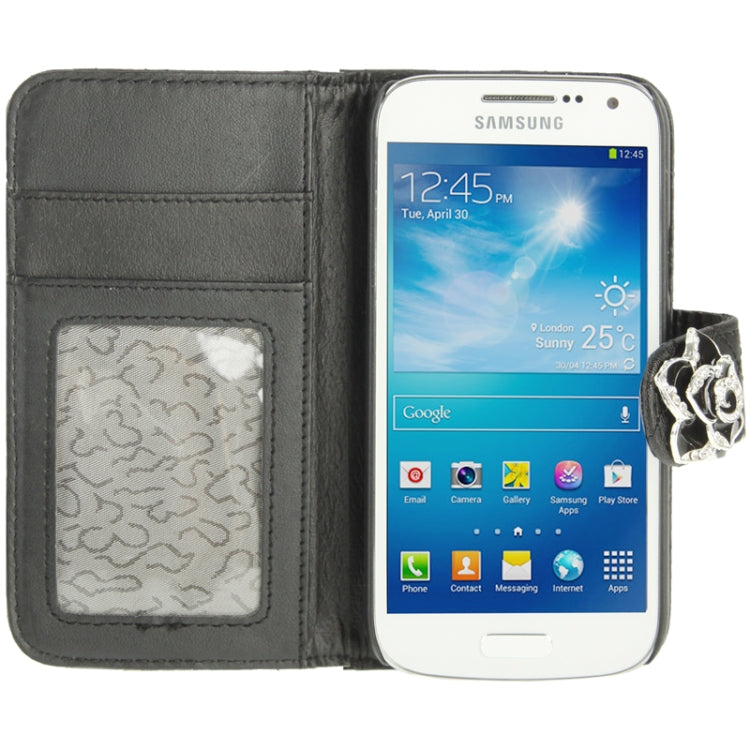 Plaid Texture Diamond Encrusted  Flower Button Flip  Soft Leather Case with Credit Card Slots & Holder for Galaxy S IV mini / i9190