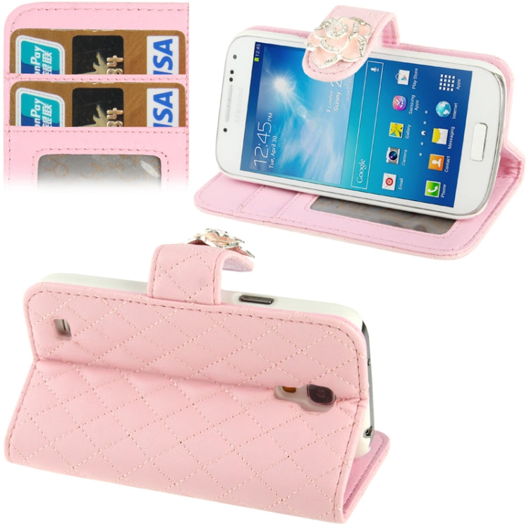 Plaid Texture Diamond Encrusted  Flower Button Flip  Soft Leather Case with Credit Card Slots & Holder for Galaxy S IV mini / i9190