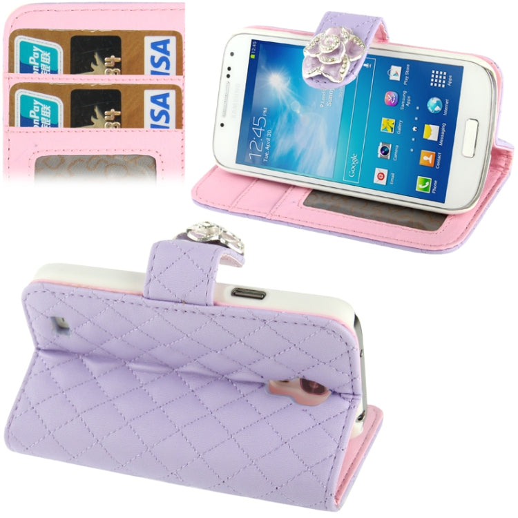 Plaid Texture Diamond Encrusted  Flower Button Flip  Soft Leather Case with Credit Card Slots & Holder for Galaxy S IV mini / i9190