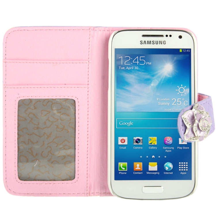 Plaid Texture Diamond Encrusted  Flower Button Flip  Soft Leather Case with Credit Card Slots & Holder for Galaxy S IV mini / i9190