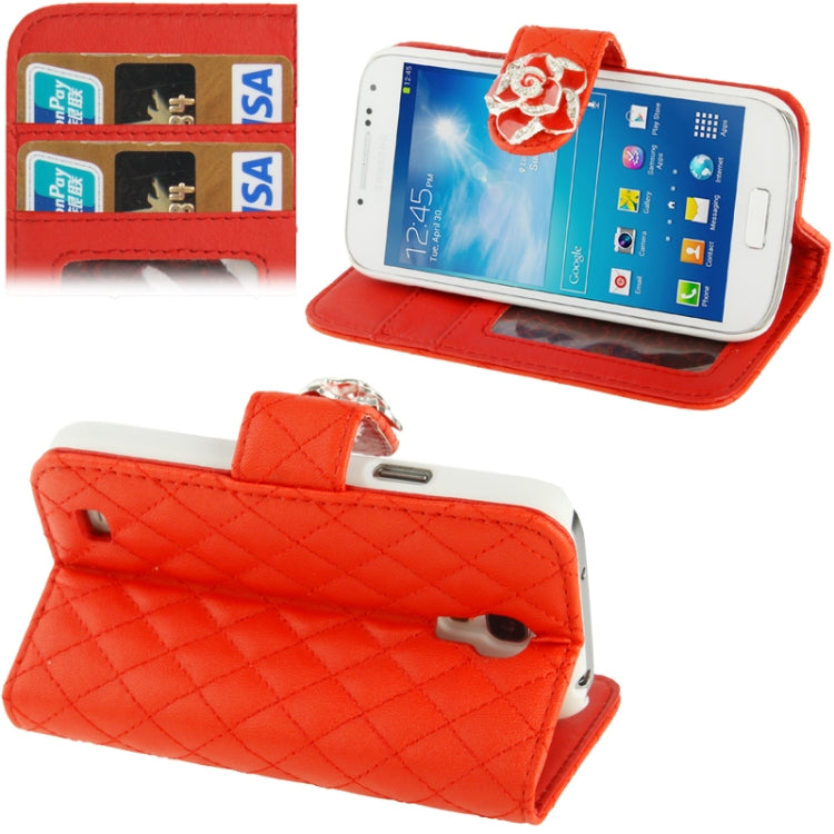 Plaid Texture Diamond Encrusted  Flower Button Flip  Soft Leather Case with Credit Card Slots & Holder for Galaxy S IV mini / i9190