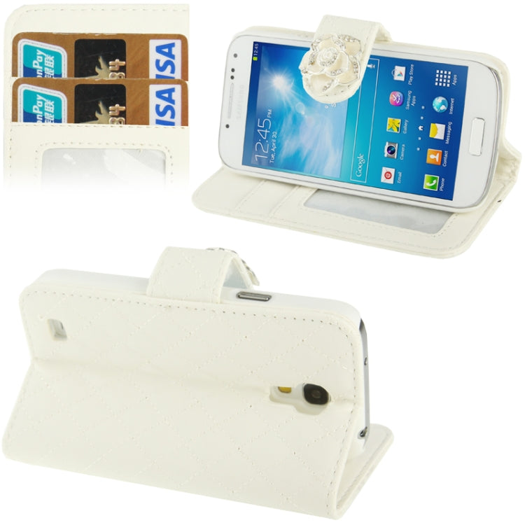 Plaid Texture Diamond Encrusted  Flower Button Flip  Soft Leather Case with Credit Card Slots & Holder for Galaxy S IV mini / i9190