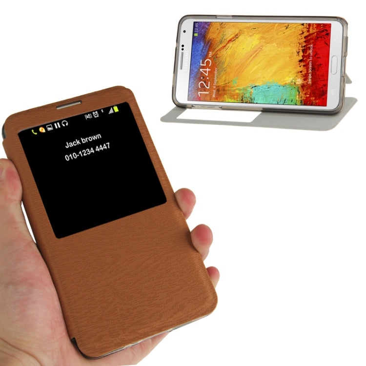 Wood Texture Leather Case with Call Display ID & Holder for Galaxy Note III / N9000