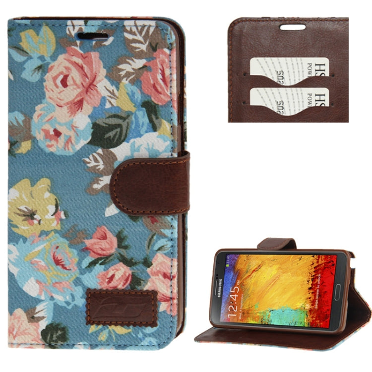Denim Texture Peony Pattern Horizontal Flip Leather Case with Holder & Credit Card Slots for Galaxy Note III / N9000 (Blue)