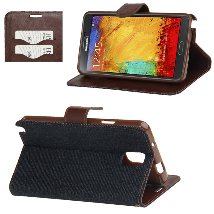 Denim Texture Horizontal Flip Leather Case with Holder & Credit Card Slots for Galaxy Note III / N9000 (Black)