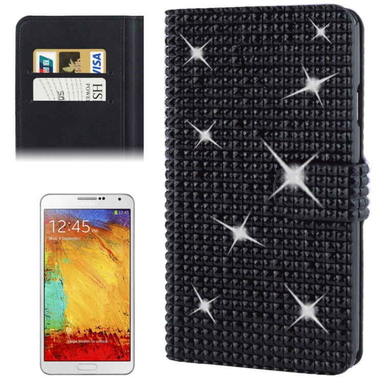 Rubbery Diamond Encrusted Horizontal Flip Leather Case with Credit Card Slots for Galaxy Note III / N9000