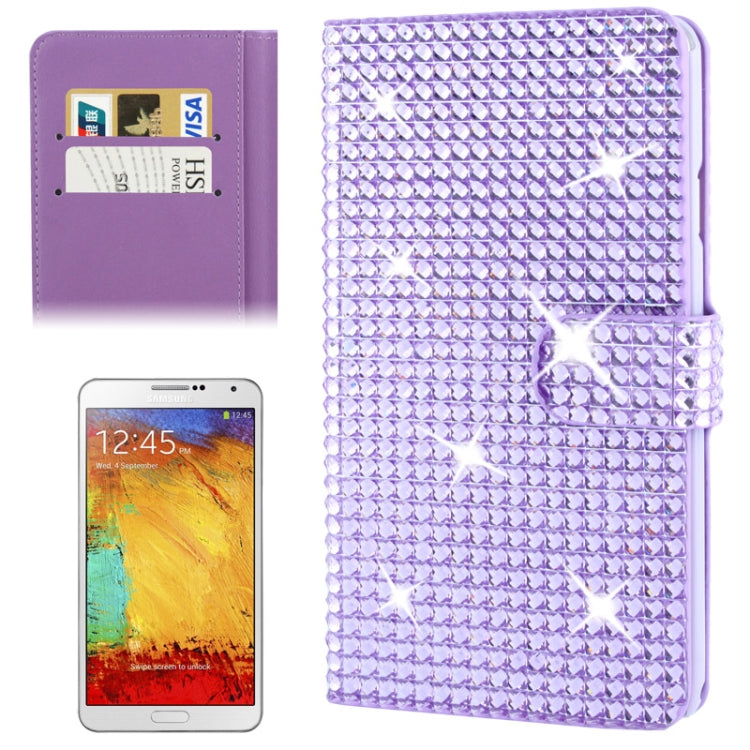 Rubbery Diamond Encrusted Horizontal Flip Leather Case with Credit Card Slots for Galaxy Note III / N9000