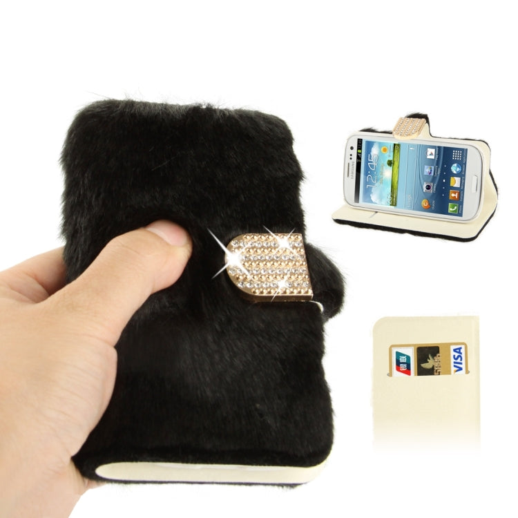 Diamond Encrusted Winter Warm Fur Leather Case with Credit Card Slot & Holder for Galaxy S III / i9300