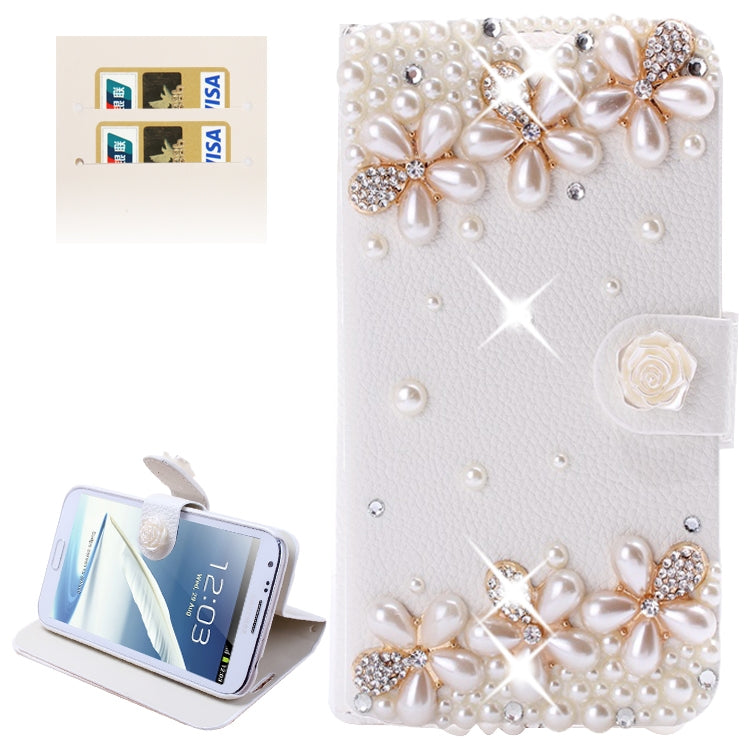DIY 3D Pearl Flower Diamond Encrusted Leather Case with Credit Card Slots & Holder for Galaxy Note II / N7100(White)