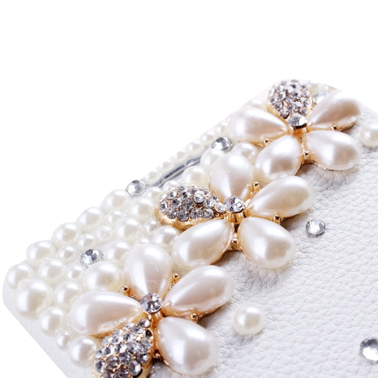 DIY 3D Pearl Flower Diamond Encrusted Leather Case with Credit Card Slots & Holder for Galaxy Note II / N7100(White)