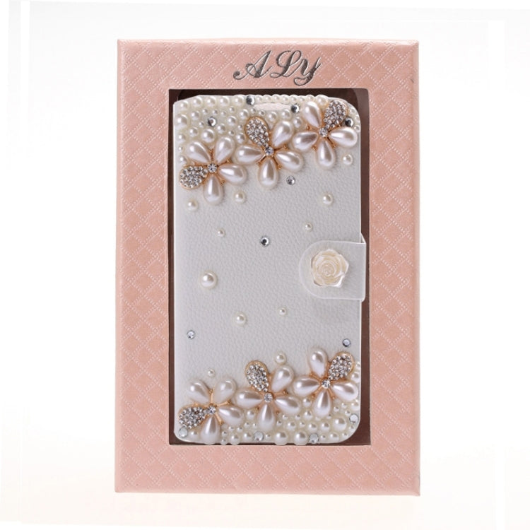 DIY 3D Pearl Flower Diamond Encrusted Leather Case with Credit Card Slots & Holder for Galaxy Note II / N7100(White)