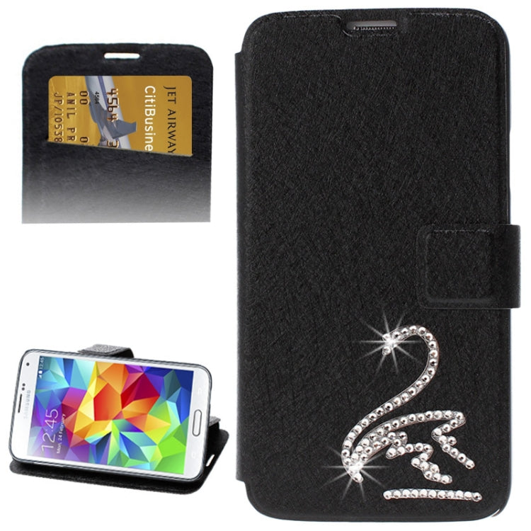 Hairline Texture Swan Diamond Encrusted Flip Leather Case with Holder & Credit Card Slot for Galaxy S5 / G900