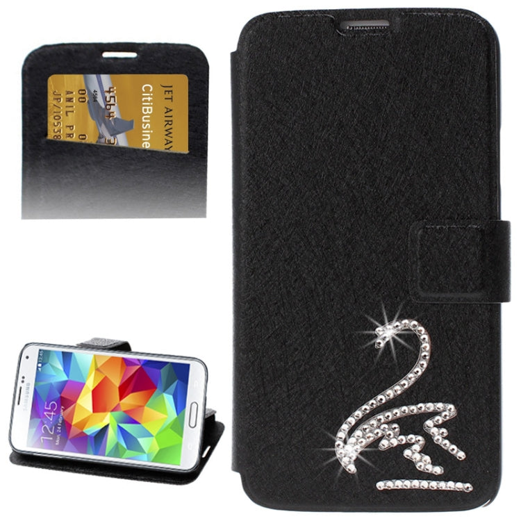 Hairline Texture Swan Diamond Encrusted Flip Leather Case with Holder & Credit Card Slot for Galaxy S5 / G900