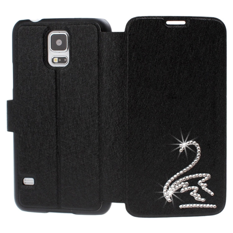 Hairline Texture Swan Diamond Encrusted Flip Leather Case with Holder & Credit Card Slot for Galaxy S5 / G900