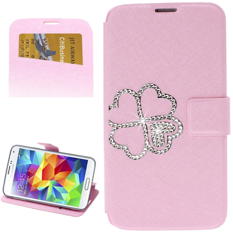 Hairline Texture Four Leaf Clover Diamond Encrusted Flip Leather Case with Holder & Credit Card Slot for Galaxy S5 / G900