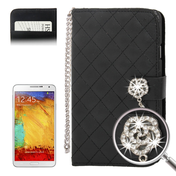 Plaid Texture Diamond Encrusted Flower Button Soft Leather Case with Credit Card Slot & Lanyard for Galaxy Note III / N9000