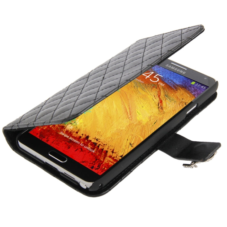 Plaid Texture Diamond Encrusted Flower Button Soft Leather Case with Credit Card Slot & Lanyard for Galaxy Note III / N9000