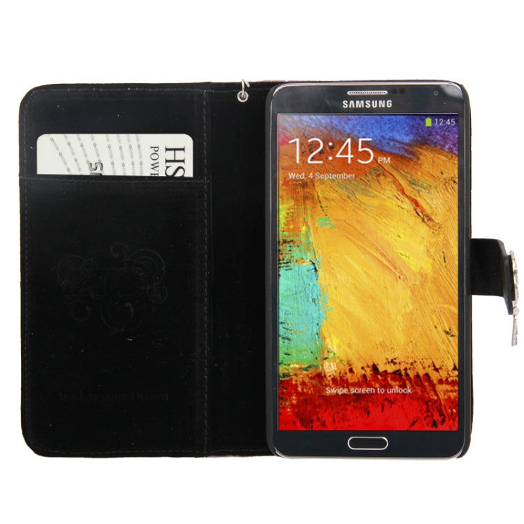 Plaid Texture Diamond Encrusted Flower Button Soft Leather Case with Credit Card Slot & Lanyard for Galaxy Note III / N9000