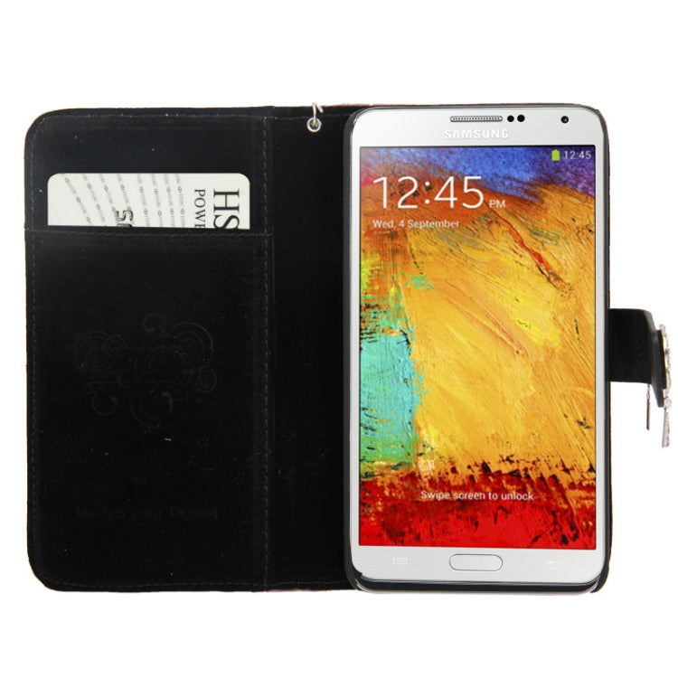 Plaid Texture Diamond Encrusted Flower Button Soft Leather Case with Credit Card Slot & Lanyard for Galaxy Note III / N9000