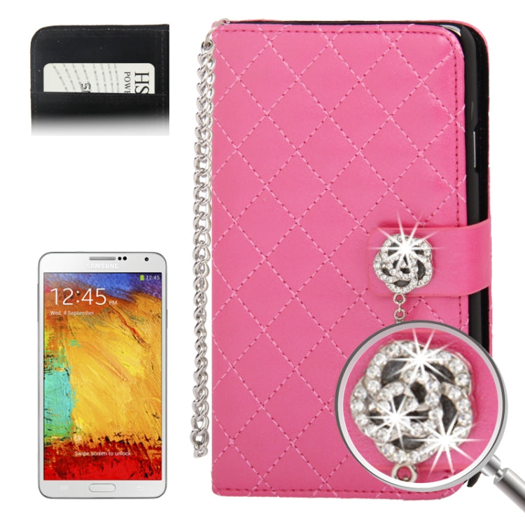 Plaid Texture Diamond Encrusted Flower Button Soft Leather Case with Credit Card Slot & Lanyard for Galaxy Note III / N9000