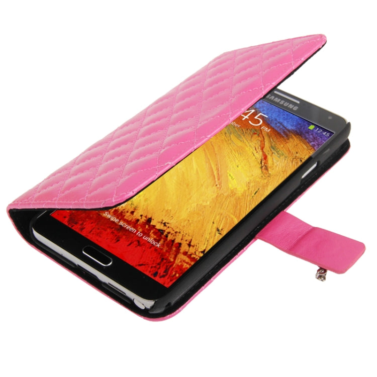 Plaid Texture Diamond Encrusted Flower Button Soft Leather Case with Credit Card Slot & Lanyard for Galaxy Note III / N9000