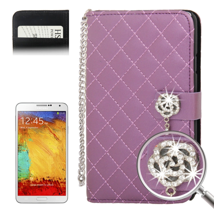Plaid Texture Diamond Encrusted Flower Button Soft Leather Case with Credit Card Slot & Lanyard for Galaxy Note III / N9000