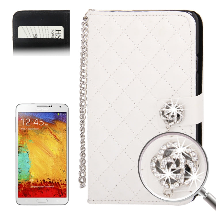 Plaid Texture Diamond Encrusted Flower Button Soft Leather Case with Credit Card Slot & Lanyard for Galaxy Note III / N9000