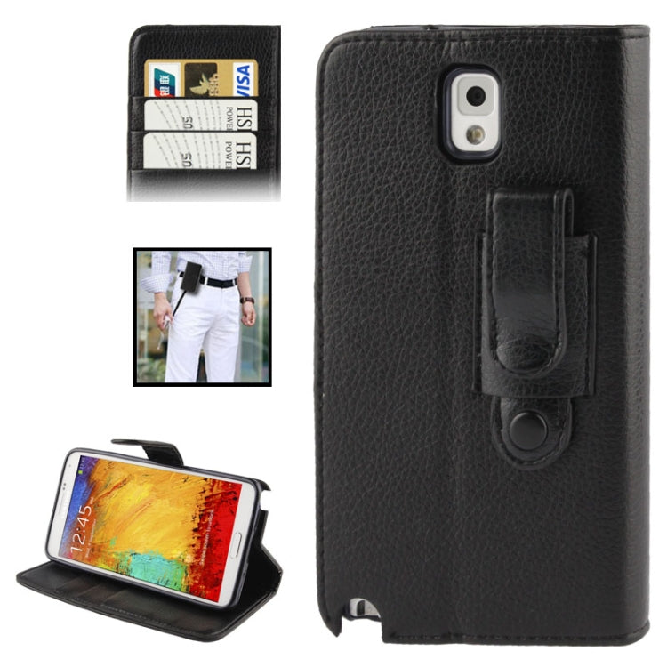 Litchi Texture Leather Case with Credit Card Slots & Holder & Belt Clip for Galaxy Note III / N9000 (Black)