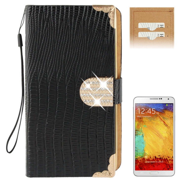High Quality Lizard Texture Diamond Encrusted Button Horizontal Flip Leather Case with Credit Card Slots for Galaxy  Note III / N9000