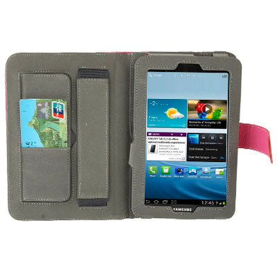 Lichi Texture Flip Leather Case with  Credit Card Slots / Holder / Elastic Hand Strap for Samsung Tab 2 / P3100 / P6200