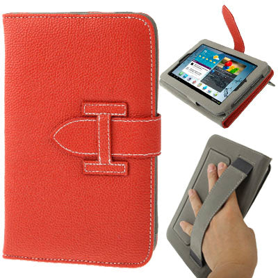 Lichi Texture Flip Leather Case with  Credit Card Slots / Holder / Elastic Hand Strap for Samsung Tab 2 / P3100 / P6200