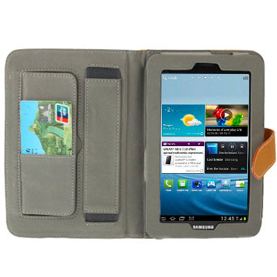 Lichi Texture Flip Leather Case with  Credit Card Slots / Holder / Elastic Hand Strap for Samsung Tab 2 / P3100 / P6200