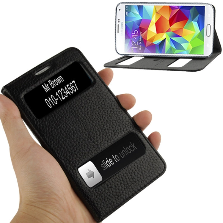 Litchi Texture Genuine Leather Case with Call Display ID & Holder for Galaxy S5 / G900