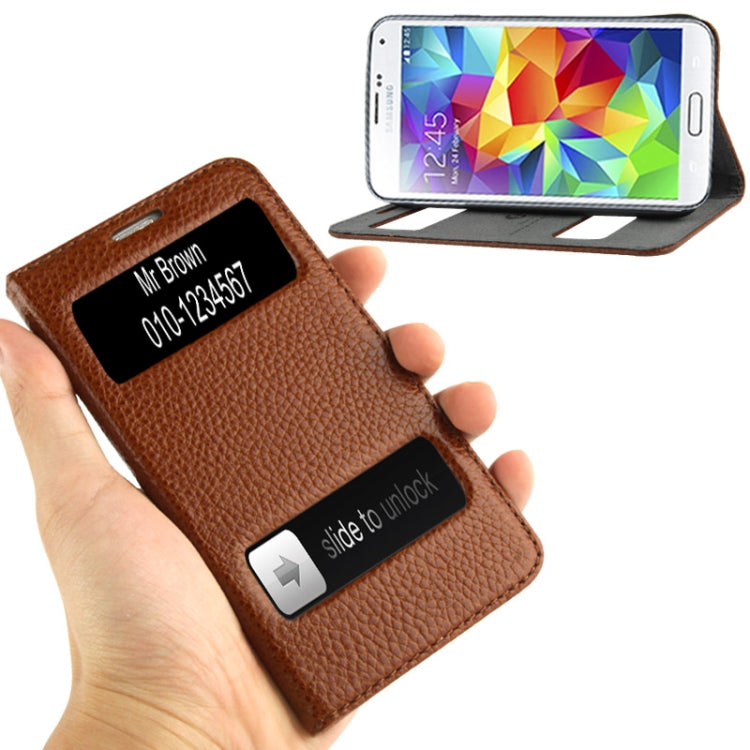 Litchi Texture Genuine Leather Case with Call Display ID & Holder for Galaxy S5 / G900