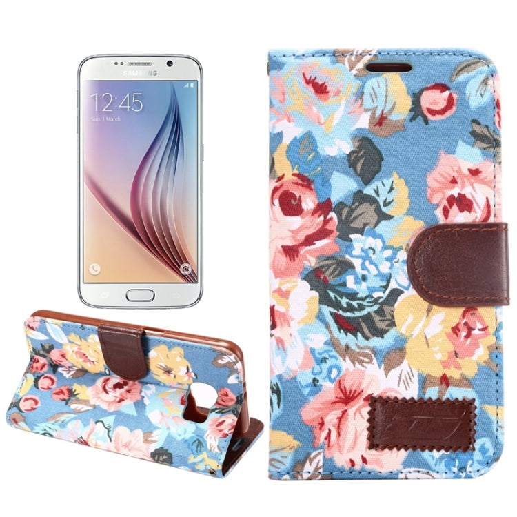 For Galaxy S6 Flower Pattern Cloth Texture Leather Case with Holder & Card Slots