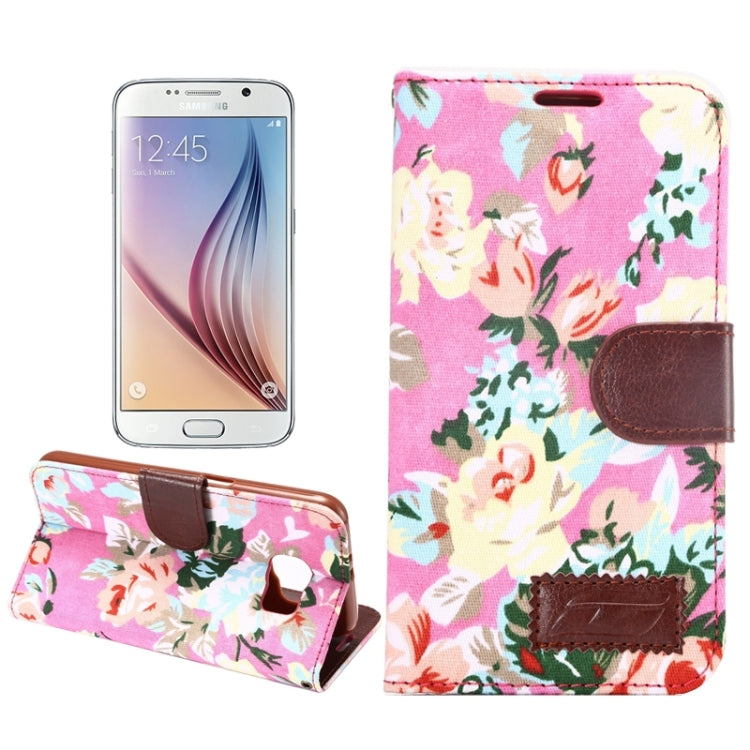 For Galaxy S6 Flower Pattern Cloth Texture Leather Case with Holder & Card Slots