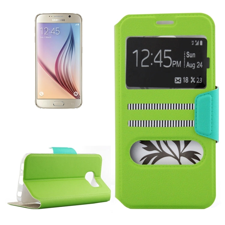 For Galaxy S6 Horizontal Flip Double Window Colorant Match TPU+Leather Case with Holder (Green)