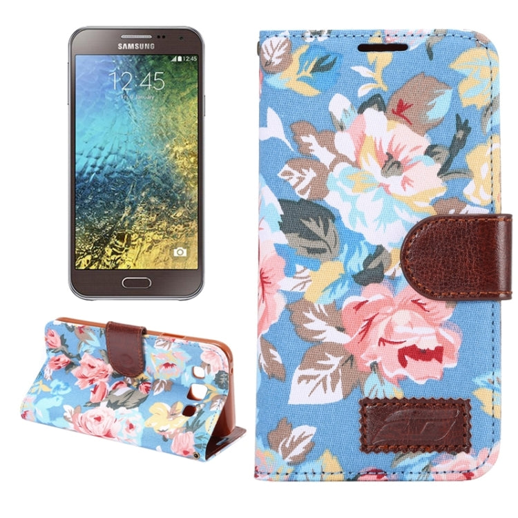 Flower Cloth Leather Case with Holder and Card Slots for Galaxy E5