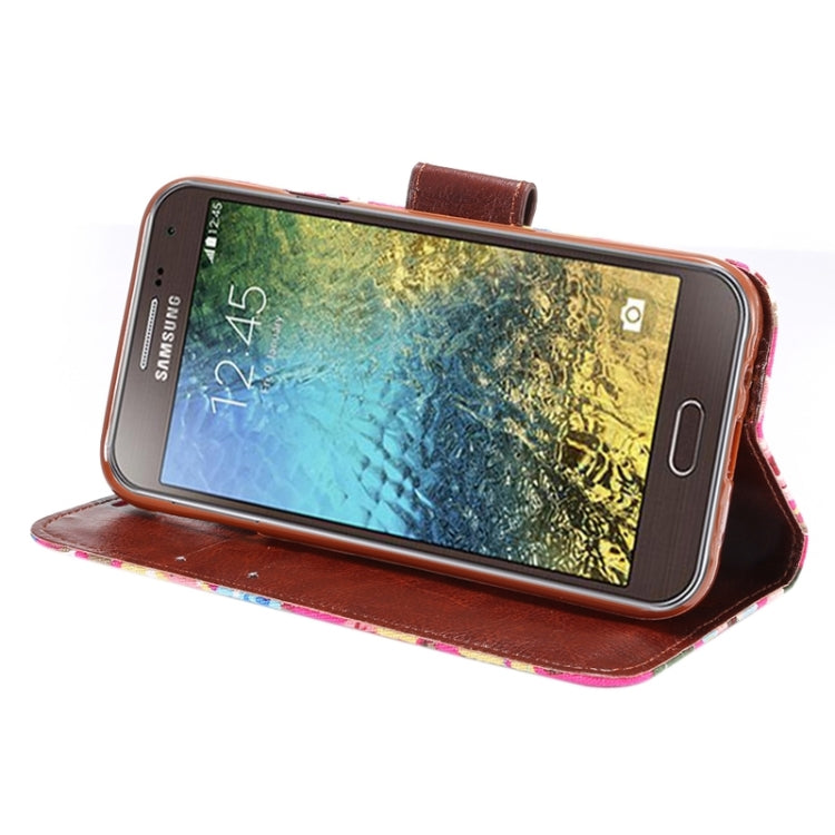 Flower Cloth Leather Case with Holder and Card Slots for Galaxy E5