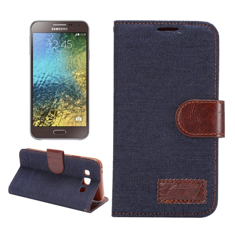 Denim Texture Leather Case with Holder & Card Slots for Galaxy E5(Black)