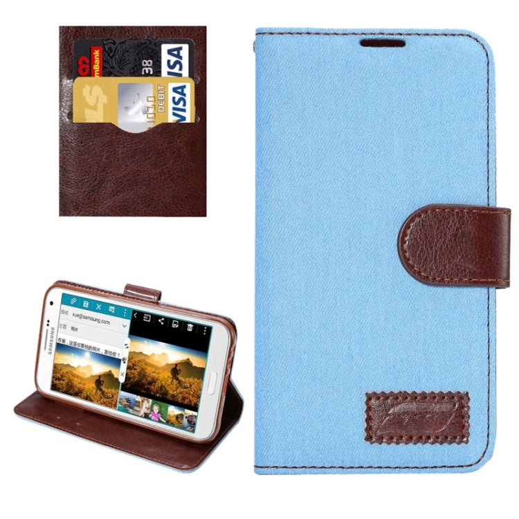 Denim Texture Leather Case with Card Slots & Holder for Galaxy E7(Blue)