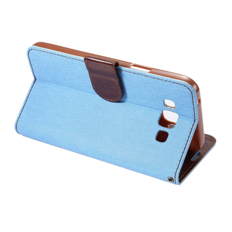 Denim Texture Leather Case with Card Slots & Holder for Galaxy E7(Blue)