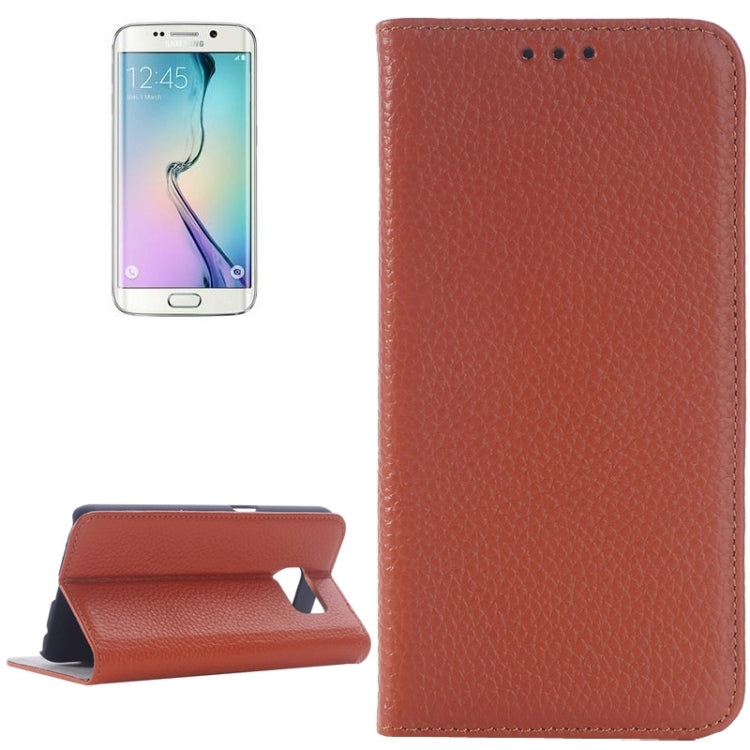 For Galaxy S6 Edge Litchi Texture Horizontal Flip Genuine Leather Case with Card Slots & Holder