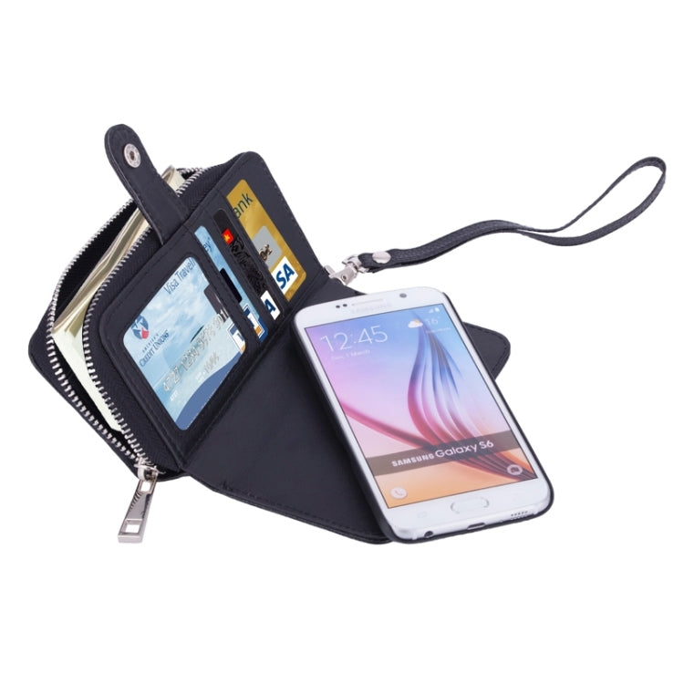 For Galaxy S6 2 in 1 Separable Zipper Wallet Leather Case with Lanyard (Black)