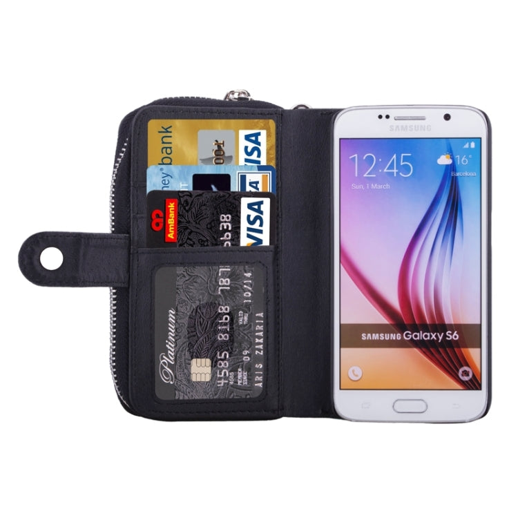 For Galaxy S6 2 in 1 Separable Zipper Wallet Leather Case with Lanyard (Black)